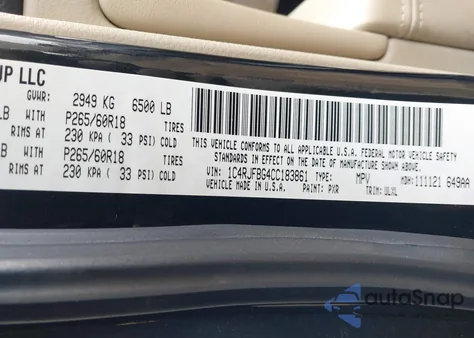 2012 Jeep Grand Cherokee Limited z USA, uszkodzony, nr VIN 1C4RJFBG4CC183861